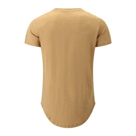 KLIEGOU Men's Slub Cotton Longline T-Shirt | 100% Textured Cotton Tee | Curved Hem Crew Neck Shirt | Pre-Shrunk Khaki L