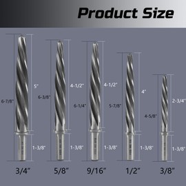 Lichamp 5-Piece M2 HSS Reamer Drill Bit Set, 3/8" 1/2" 9/16" 5/8" 3/4" High Speed Steel Chucking Reamer Set for Metal