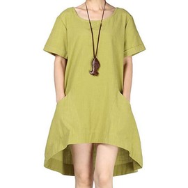 Minibee Women's Cotton Linen Short Sleeve Tunic/Top Tees (L, Chartreuse)