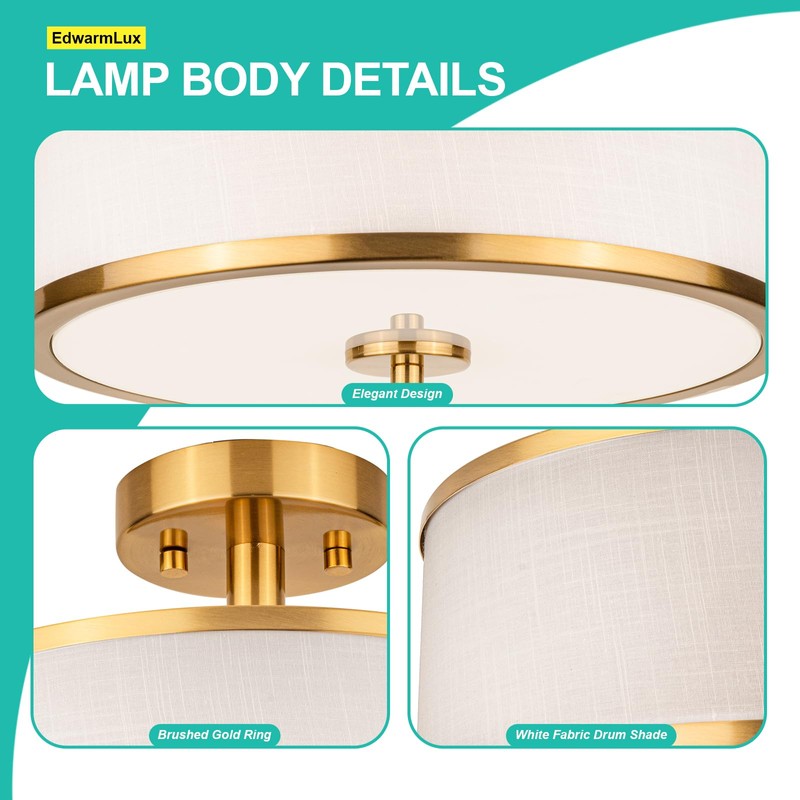 Edwarmlux 3-Light Semi Flush Mount Ceiling Light Fixture, 12.6" Gold