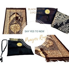 Islamic Prayer Mat, Turkish Prayer Rug with Pouch and Ornament Sealing, Portable Prayer Mat with Handy Pouch, Islamic Carpet Pad Ideal for Travelling (44" x26” with Free Tasbeeh) (Black)