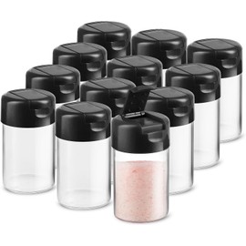 12 Pack - Plastic Salt and Pepper Shakers with Hinged Lid, No Spill Lunch Bag Camping Picnic Moisture Proof Spice Dispenser, Seasoning Container Pourer w/Cover, 3.5 oz., Black