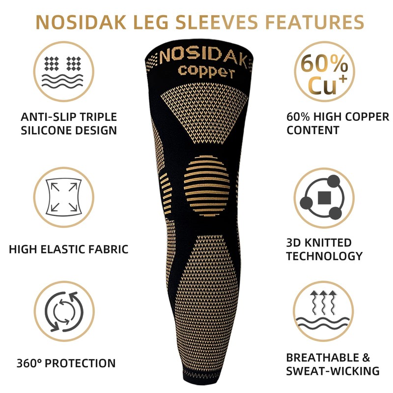 NOSIDAK Full Leg Compression Sleeve (Pair), Copper Knee Sleeves, Anti