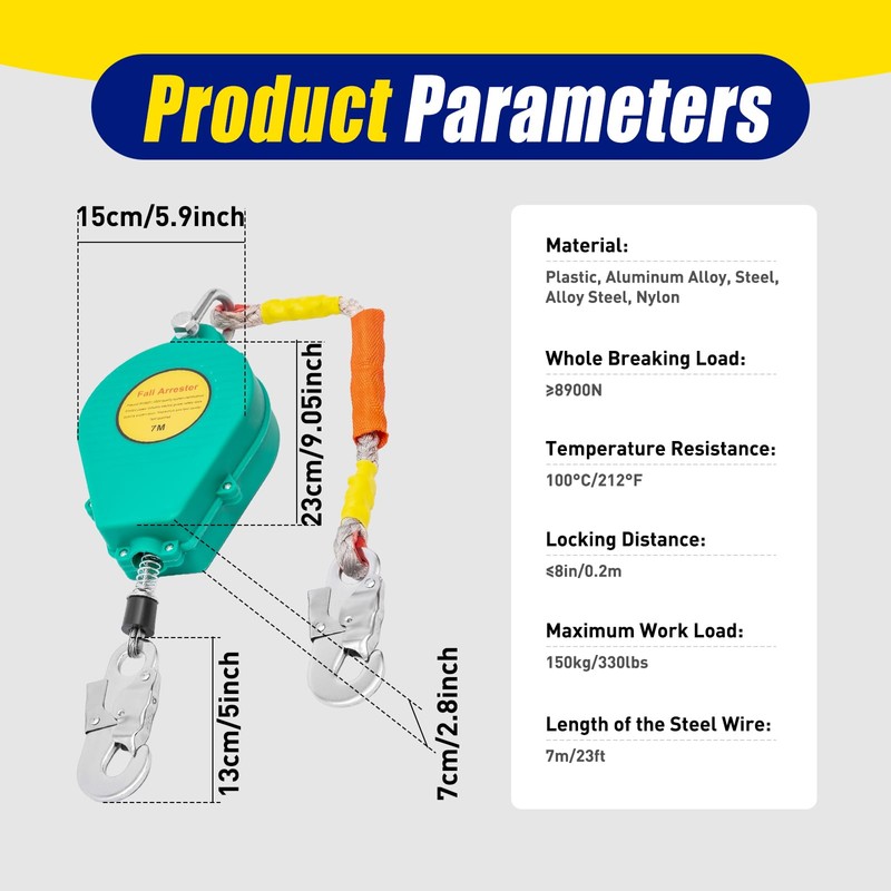 23ft/7m Self Retracting Lifeline,Lanyard Arrester Fall Protection,Retractable Safety Lanyard w/Alloy