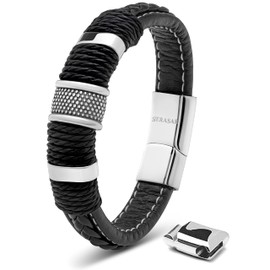 SERASAR Bracelet pour Homme Cuir Argent Garcon 20cm Silver Leather Bracelet for Men - Idee Cadeau Homme Genuine-Leather Gift-Box Cowhide Braided Adjust-Able Magnetic-Clasp Multi-Layer Wrap Rope Man