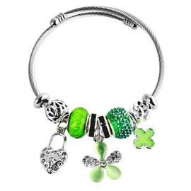 JASKFG Stainless Steel Twisted Cable Charm Bracelet with Green Beads, Shamrock, Heart, 20 cm