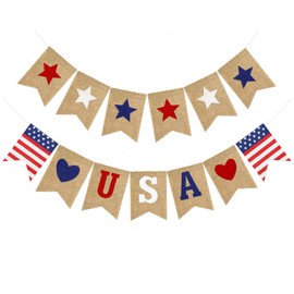 2 PCS USA Burlap Banners, Burlap Banner for 4th of July Decorations, Patriotic Garland for American Independence Day, Red White Blue Stars Garland for Independence Day Theme Party Supplies