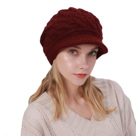 CheChury Women Knit Beanie Hats Visor Winter Fleece Lined Beret Hat Knitted Peaked Beanie Thermal Baker Boy Cap Newsboy Cap Hat Warm Wool Ski Hat for Winter,Red,One Size