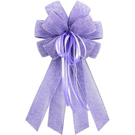 Large Purple Burlap Bow for Wreath, Easter Farmhouse Burlap Fabric Wreath Bow for Front Door Decor Spring Purple Tree Topper Ornament Decorative Bow with String for Wedding Holiday Party