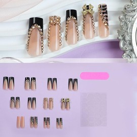 QQPPOLIU Long Square Press On Nails Black French Tip False Nails with Rhinestones Design Fake Nails for Wedding