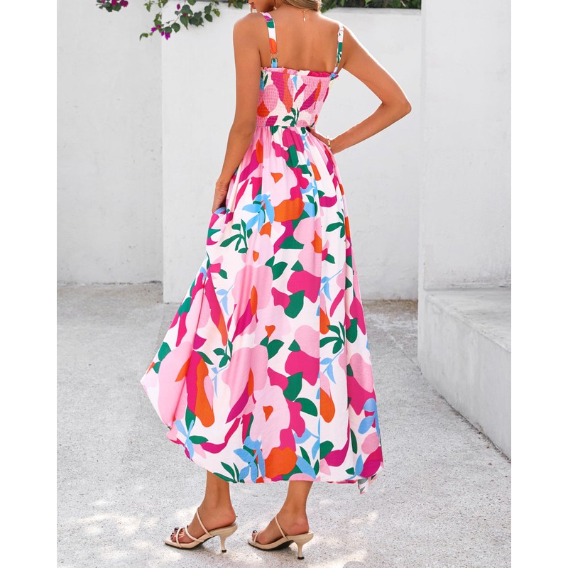 PRETTYGARDEN Womens Summer Dresses 2025 Casual Spaghetti Strap Ruffle Smocked