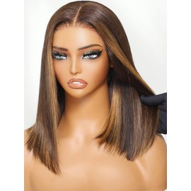 KLAIYI Bob Wig Human Hair Chocolate Brown With Highlight Straight Bye Bye Knots Glueless Wig 7x5 Precut Lace Front Pre Bleached Pre Plucked Ombre Balayage Wear and Go Beginner Wig Ready to Wear 10Inch