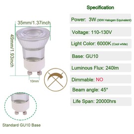 mr11 gu10 led cob Mini Spotlight 1.38inch 35mm Diameter Small gu10 3w Cool White 6000K 120v Non-dimmable Led Light Bulb 35w Halogen Bulb Replacement for mr11 Fixture (Cool White 6000k)
