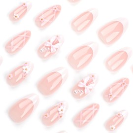 French Tip Press on Nails Almond Short Fake Nails Pink Full Cover Stick on Nails with Flowers & Bows Designs Glossy False Nails 3D Nail Charms Acrylic Artificial Nails for Women Girls 24Pcs