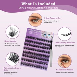 ECHOVERDE Self Adhesive Eyelashes No Glue Needed10-14MM Length, Wispy Lash Clusters, D Curl, Volume Natural Lashes with Tweezers Included, Press On Lashes that are Beginner Friendly (0.07D, 96pcs)