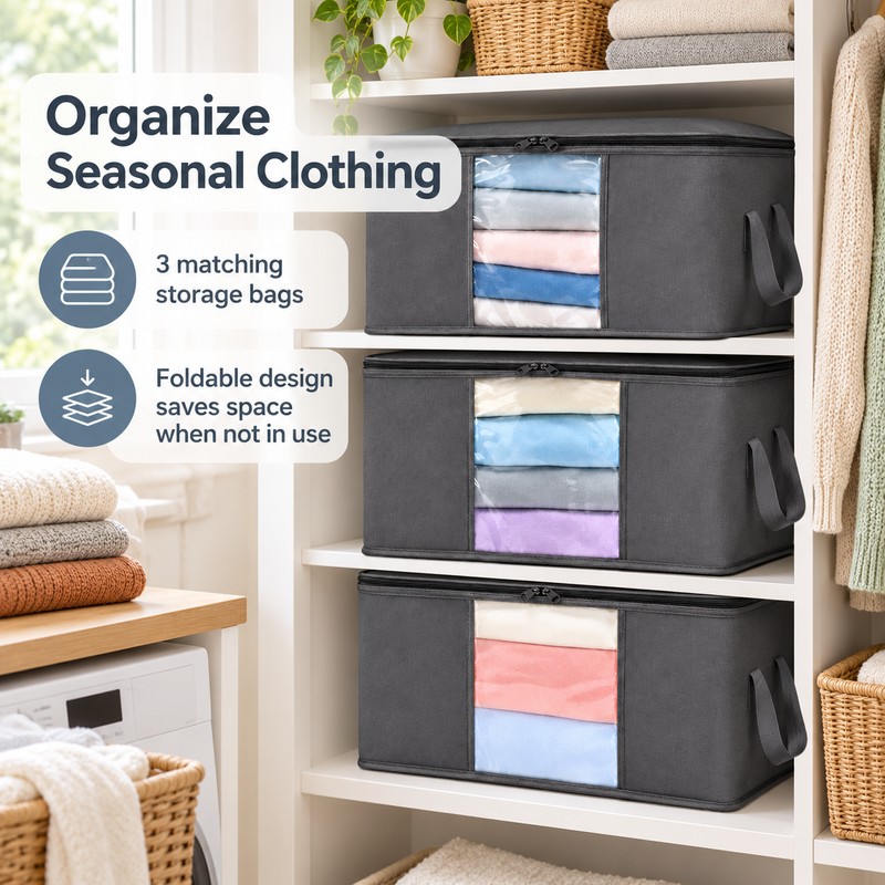 Foldable Clothes Storage Bags Set of 3 – Large Capacity