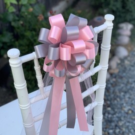 Pink & Silver Pull Bows with Tulle Tails - 8" Wide, Set of 6, Christmas, Wedding Pew Bows, Reception, Aisle Decoration, Anniversary, Birthday, School Dance, Classroom, Baby Shower, Valentine's Day
