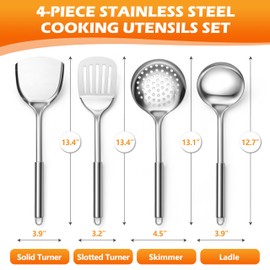 E-far Stainless Steel Cooking Utensils, 4-Piece Heat Resistant Kitchen Utensils Set, Non-toxic Metal Kitchen Tools Spatulas Set Including Soup Ladle, Slotted/Solid Turner, Skimmer, Dishwasher Safe