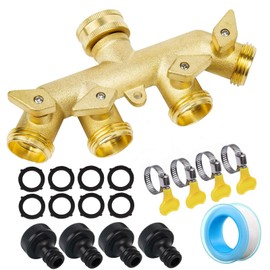 JasCherry 4 Wege-Verteiler aus Messing 3/4 Zoll für Wasserhähne - mit 4 Unabhängig EIN-Aus-Ventile - Garten Schlauch Wasserhahn Verbinder Set mit 1 Wasserband & 4 Gummi-Unterlegscheiben, 2 Schnallen