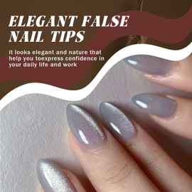 24 PCS Grey Cat Eye Press on Nails – Almond Shape Glossy Fake Nails with Removable Nail Tabs, Full Cover Acrylic Nails for Women & Girls DIY Nail Art