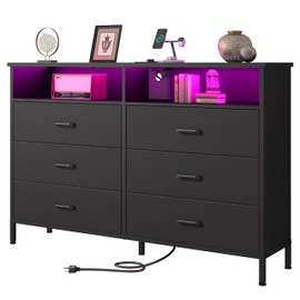 Dresser for bedroom, Pink Bedroom Dresser with LED Lights and Charging Station, 6 Long Drawers Dresser, Tall Wide Fabric Chest of Drawers Storage Organizer TV Stand for up to 60" TV for Living Room