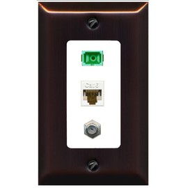 RiteAV 1 Port Fiber Optic Jack SC Simplex APC + Cat6 + Coax Wall Plate - 1 Gang Decorative [Bronze/White]