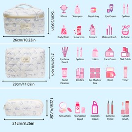 3 Piece Cute Blue Cat Animal Print Cotton Quilted Makeup Bag Set, Large Capacity Travel Makeup Bags for Women and Girls, Includes Small, Medium, and Extra Large aesthetic makeup&Cosmetic Bags