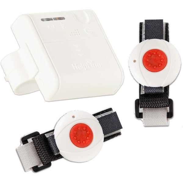 HelpLine Mini: Portable Home Emergency Call with Emergency Call Transmitter and Belt Clip for Home Care, Set with 2 x Bracelet Transmitters
