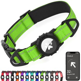 Joytale Airtag Dog Collar, Reflective Pet Collar with Waterproof AirTag Holder, Dual D-Rings, Soft Padded Adjustable for Large Dogs, Green, L