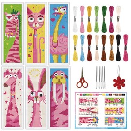 INFUNLY 6pcs Abstract Animal DIY Cross Stitch Bookmark Kits for Beginners Pink Theme Cross Stitch Kit with Instruction Bunny Cat Dog Stamped Embroidery Bookmark Kit for Book Lovers Readers Gift