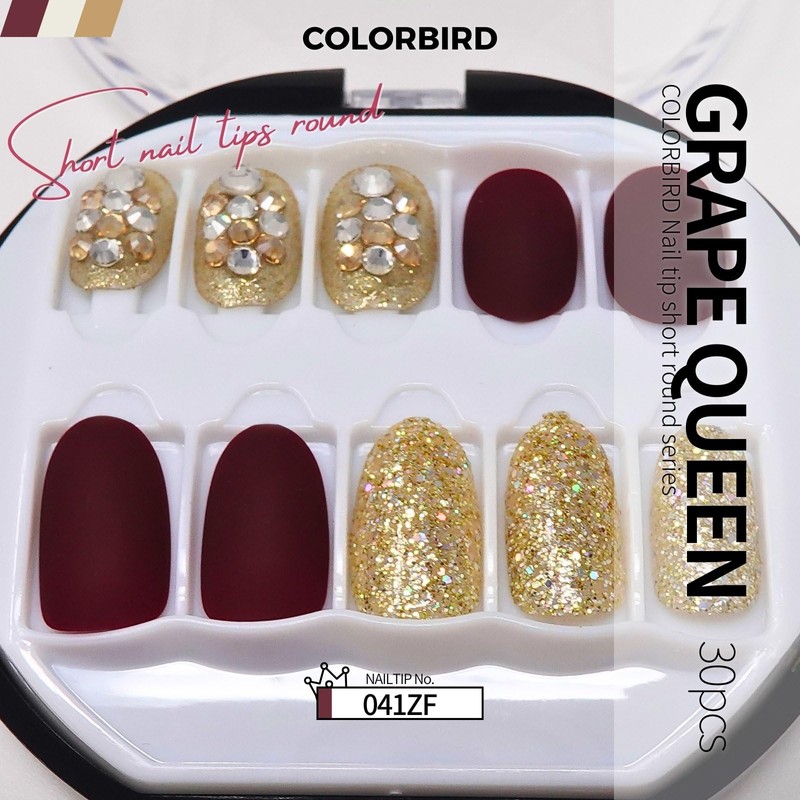 COLORBIRD NAILFAIRY (041ZF) Nail Tips, Short, Burgundy Red, Gold, Cute,