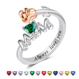 LEXLUNE Rose Ring For Women, Flower Ring For Women, Sterling S925 Silver, May Birthstone Ring for Mother from Son Daughter, Birthday Gift For Mom, Adjustable Ring, I Love You Mom