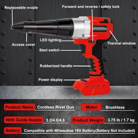 Cordless Rivet Gun Compatible with Milwaukee 18V Battery, Electric Rivet Gun Kit, Brushless Blind Riveter Tool Kit for 1/8", 5/32", 3/16" Rivets (Tool Only, No Battery)