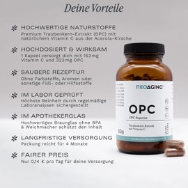NEOAGING OPC Superior – High Dose with 323 mg OPC & 153 mg Vitamin C per Capsule – Powerful Antioxidant from Nature – Vegan & No Additives – Storage Pack with 120 Capsules