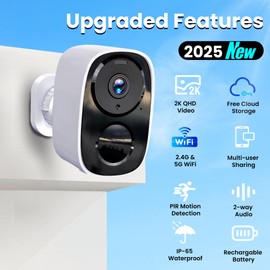 2025 Upgraded 2K Security Cameras Wireless Outdoor, Free Cloud Storage, 1-6 Months Battery Life, Waterproof, 2-Way Talk, AI Motion Detection Spotlight Siren Alarm Cameras for Home Security