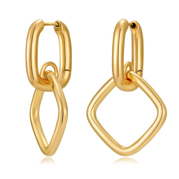 INNERDIVA Double Hoop Drop Earrings, Gold-Plated Copper Square Chain Dangle