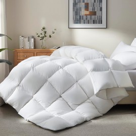 Ubauba Goose Feather Down Fiber Comforter Oversized Queen Size - All Season Fluffy White Duvet Insert - Luxurious Hotel Bedding Comforter - Soft 100% Cotton Cover, Medium Warmth(98x98 Inch)