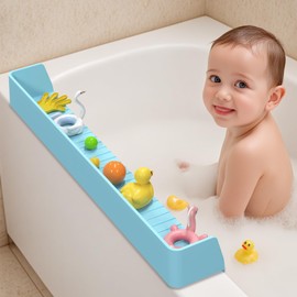 AyNirser Bathtub Splash Guard Play Shelf Over Tub for Kids 31” with 11 Strong Suction Cups, Silicone Tub Water Guards Toy Tray Holder No Mess Water Spill in Bathroom for Toddlers Baby-Blue