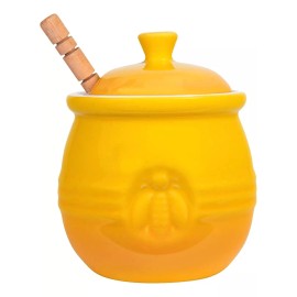 Creative Co-Op Maceta De Miel De Gres En Relieve Y Cuchara De Miel Madera Color Amarillo