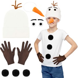 Snowman Costume Accessories White Beanie Eyebrow and Eye Felt Pieces Black Pompoms Carrot Nose Gloves Cartoon Animal Outfit for Hallween Party Dress up