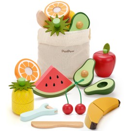 PairPear Wooden Toys Play Food Sets for Kids Kitchen, Kids Toy Food Cutting Fruit Set for Toddlers 3+ Years Old, Pretend Food Play Kitchen Accessories for Girls and Boys