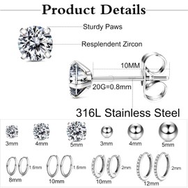 KRFY Earrings Stainless Steel for Women Girls Hypoallergenic Lightweight Huggie Hoop Earrings and Stud Earrings Set CZ Small Sleeper Cartilage Earrings for Multiple Piercings, 不
