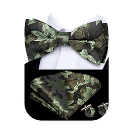 Hi-Tie Pre-Tied Bowties for Men Silk Bow Ties and Pocket Square Cufflinks Set Mens Wedding Party Formal,Green Brown Floral