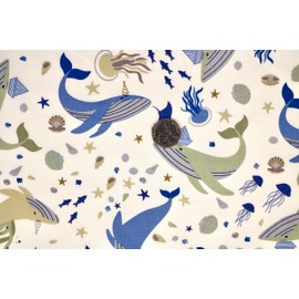 Pyrhan 100% Cotton Fabric by Rose & Hubble | Shark & Whales in Ocean Printed Cotton Fabric by The Metre UK |45 inches (114 cm)| Crafting Fabric & Dressmaking Fabric | Dress Fabric Material (White)