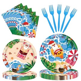96 Pieces Christmas July Disposable Tableware Set - Tropical Beach Santa Party Supplies with Paper Plates, Napkins, Forks for Holiday Celebrations, Hawaiian Summer Christmas, and Pool Party Decor