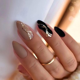 Fall Press on Nails Medium Almond Thanksgiving French Tip Fake Nails Brown Full Cover Gold Swirl False Nails with Designs Glitter Matte Glue on Nails Acrylic Manicure Artificial Nails for Women Girls