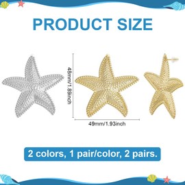 PH PandaHall 2 Paar Seestern Ohrringe Ohrstecker für Frauen Strand-Ohrring Seestern Ohrstecker Boho Seestern Ohrstecker Sommer Statement-Ohrringe für Frauen Sommer Ozean Beachy Schmuck, Gold & Platin