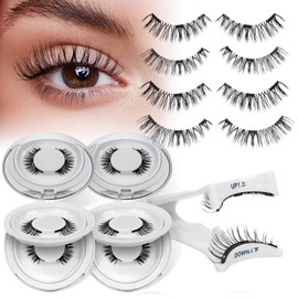 QUEWEL Magnetic Eyelashes, 3D Natural Look Magnetic Lashes with Applicator, Reusable Eyelashes without Eyeliner, No Glue Remover Needed Lashes Kit Easy to Use (4pairs-DJ-CX-D)