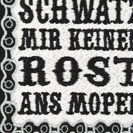 Biker Motorcycle Iron-On Patch "Schwatz mir keinen Rost ans Moped" Patch for Sewing/Ironing | Leather Patch with Embroidery Gift Application for All Fabrics | 75 x 75 mm
