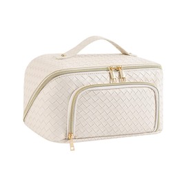 Large Cosmetic Bag Makeup Bag Waterproof PU Leather Travel Makeup Bag with Large Wide Open Bag for Women (Vintage Beige)